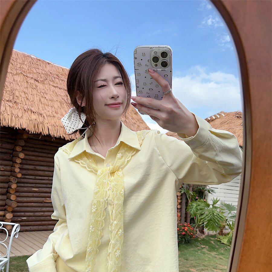 实拍实价开春季设计感穿搭2025年新款法式黄色蕾丝衬衫连衣裙子女