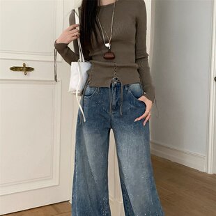 满天星烫钻重工牛仔裤女秋季设计感宽松直筒阔腿带钻爆闪裤