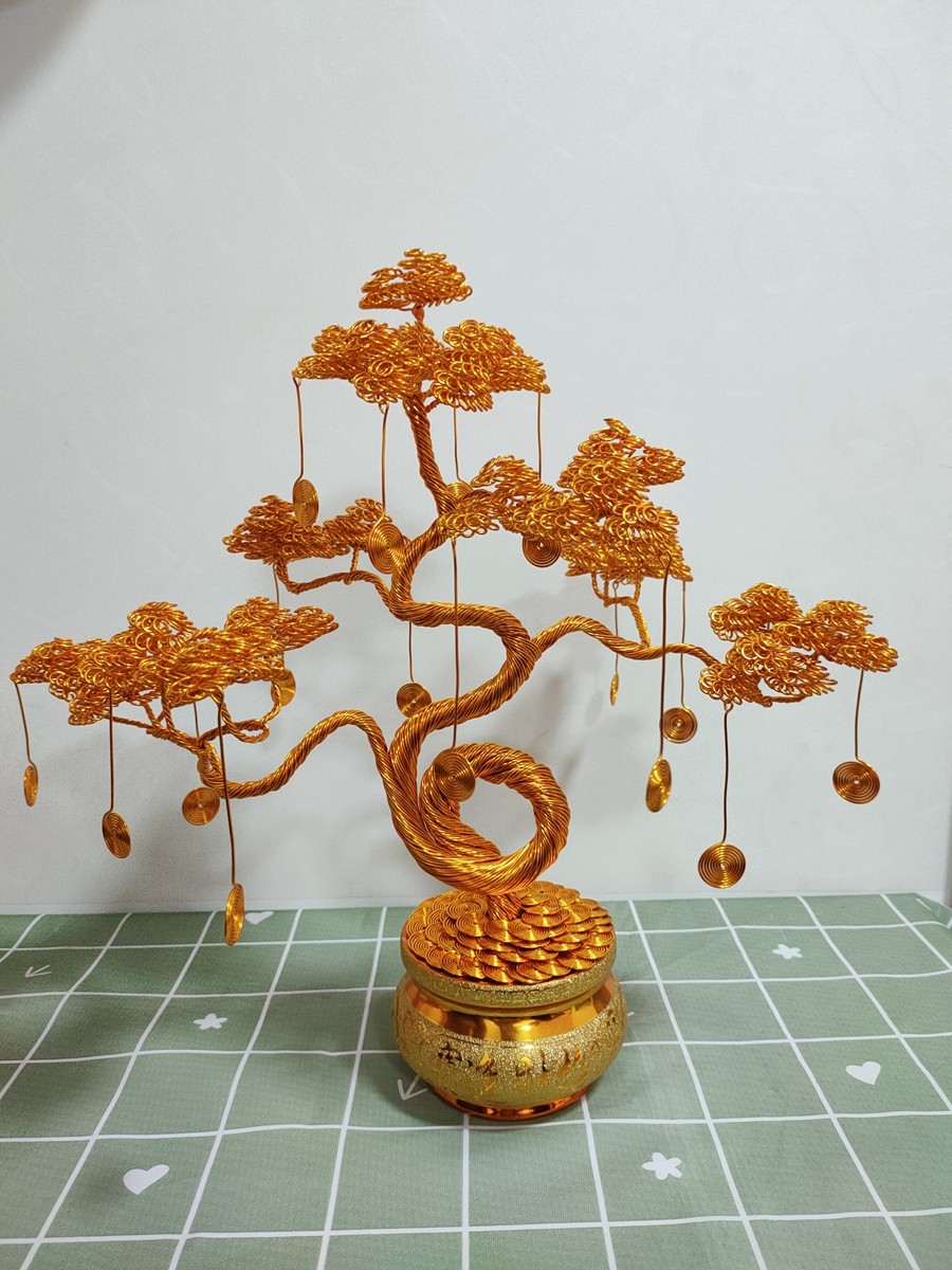 盆景造型铝丝摆件发财树摇钱树铝线纯手工客厅摆件工艺品