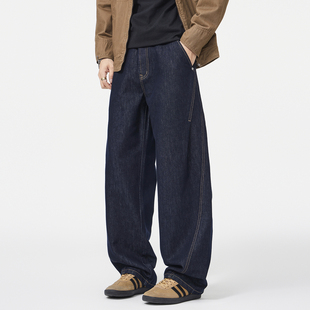 SILENTS明线原色加绒直筒牛仔裤男士宽松休闲美式弯刀裤男阔腿裤