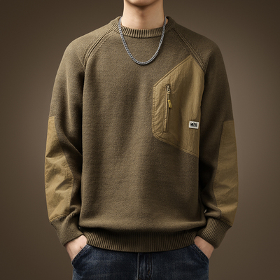 美式复古拼色口袋毛衣男