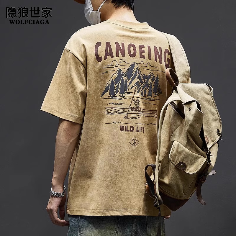 隱狼世家純棉重磅短袖t恤男夏季美式水洗復(fù)古做舊寬松半袖體恤衫