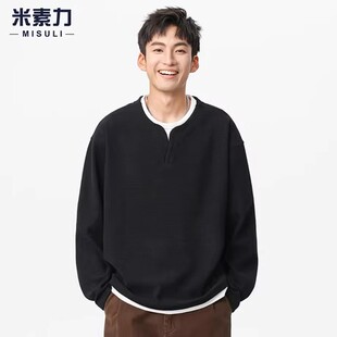 加绒华夫格假两件长袖t恤男2025新款美式潮牌V领亨利衫打底衫卫衣