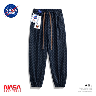 子男秋冬潮流宽松运动休闲束脚九分裤 CONP潮牌加绒棋盘格裤 NASA