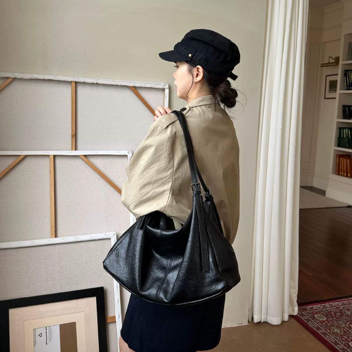 New retro large capacity soft leather tote bag with lazy an