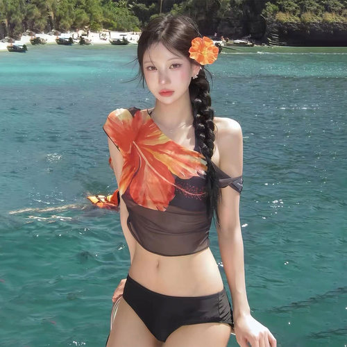 泰式高级感分体比基尼三件套印花罩衫性感辣妹海边度假温泉泳衣女