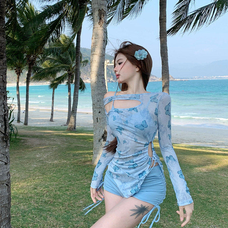 新款泳衣女款夏纯欲风比基尼长袖罩衫包臀裙甜美绑带度假泳装溫泉