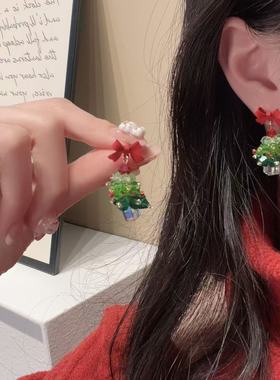 高级氛围感圣诞甜美耳环串珠闪耀可爱百搭红色蝴蝶结耳钉秋耳饰女