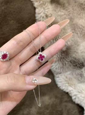 闪钻红宝石四叶草花瓣项链新款精致轻奢优雅钛钢不掉色锁骨链饰品
