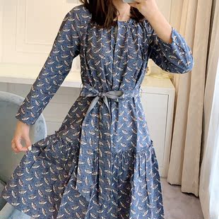 棉质印花长袖连衣裙印花优雅淑女气质高雅时尚短裙女裙2025新款式