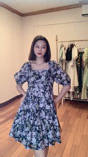 2025新款欧美风新款女装气质女神水印A字裙摆围裹式长款连衣裙