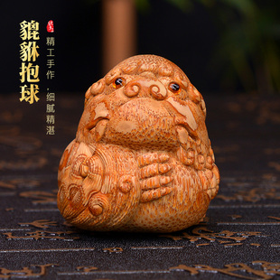 萌趣茶宠文玩招财摆件 手工竹根雕瑞兽貔貅手把件 张念超非遗竹雕