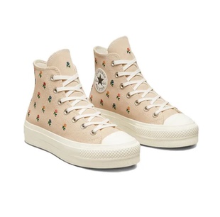 厚底增高CONVERSE匡威花卉刺绣皮款女高帮松糕运动休闲鞋 A04300C