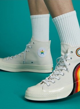 CONVERSE匡威Pride1970S三星标彩虹水晶底米白高帮帆布鞋170821C