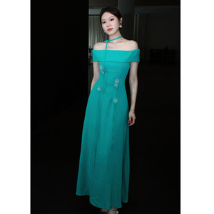 鹿与玫瑰法式复古一字肩连衣裙女绿色显瘦修身长裙女气质礼服裙子