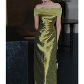 鹿与玫瑰法式 复古绝美一字肩连衣裙女气质显瘦收腰提花裙子礼服裙