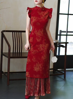 鹿与玫瑰新中式红色旗袍连衣裙女气质修身红裙礼服订婚结婚敬酒服