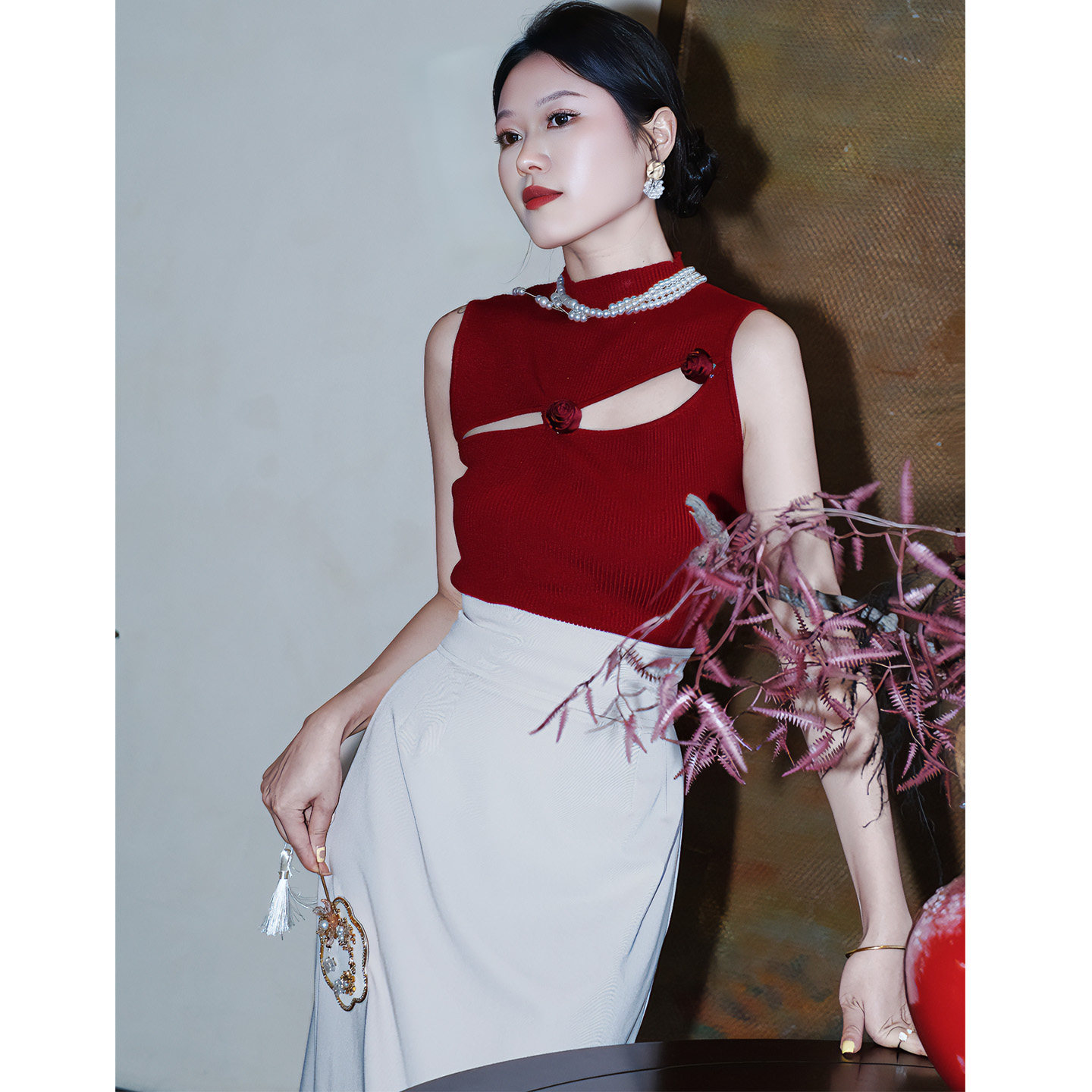 新中式女士红色上衣女