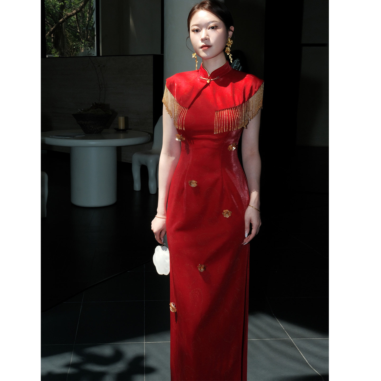 鹿与玫瑰新中式年轻改良款红色旗袍连衣裙女新娘敬酒服订婚礼服裙