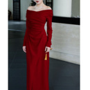 鹿与玫瑰法式 复古一字肩红色连衣裙女气质显瘦高级感礼服裙子长袖