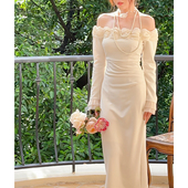 鹿与玫瑰新中式 一字肩连衣裙气质高级白色领证订婚生日小礼服裙子