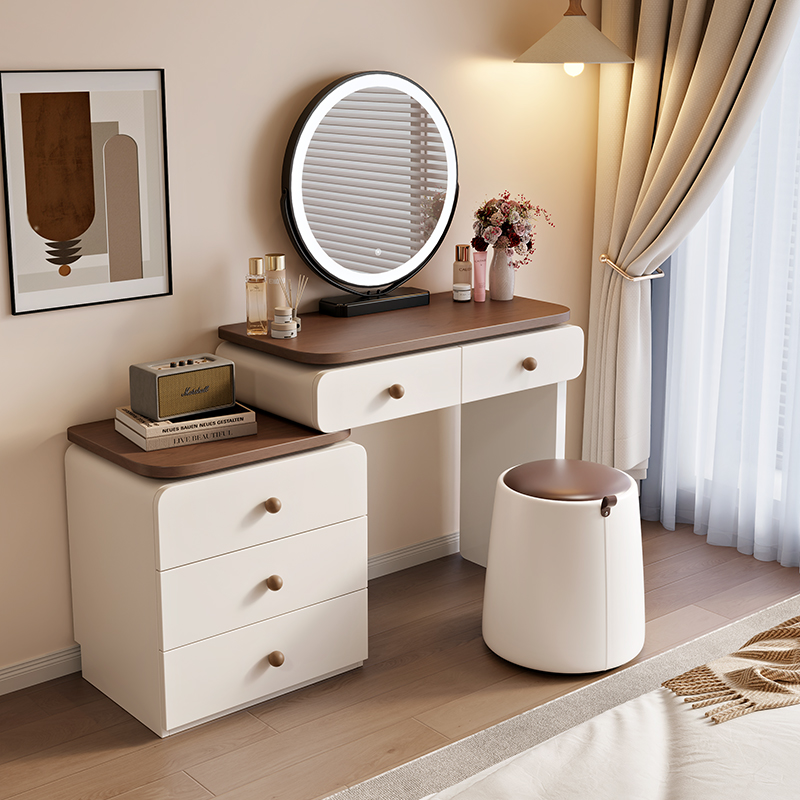 新款中古奶油风梳妆台书桌二合一现代简约卧室化妆桌床尾斗柜一体