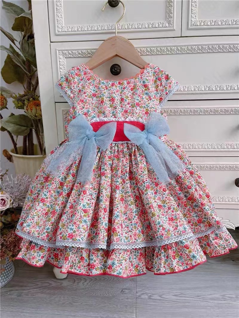 西班牙童装2024新款夏季女童无袖蛋糕蓬蓬连衣裙公主裙六一表演裙