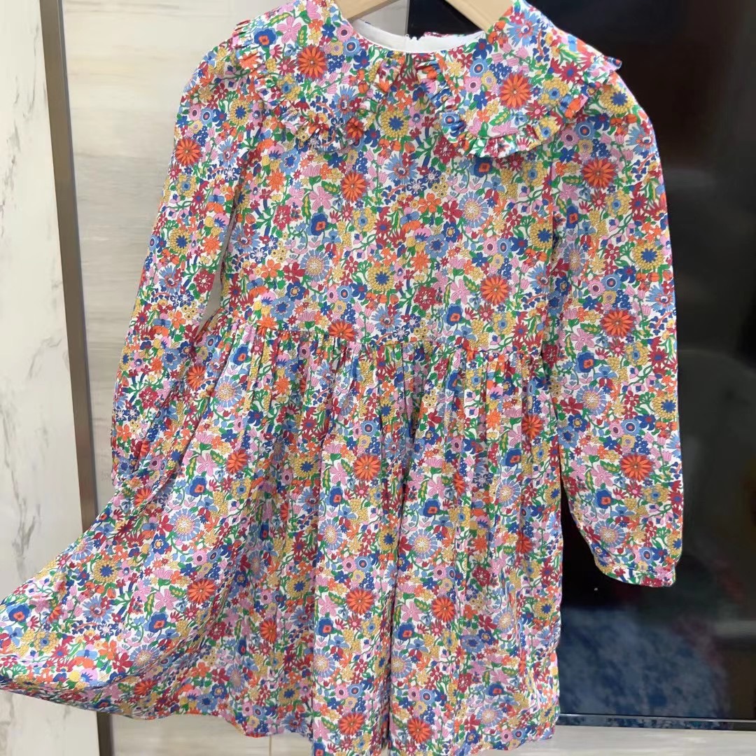 法国童装25春秋女大童花边百褶碎花长袖连衣裙4-12岁包邮