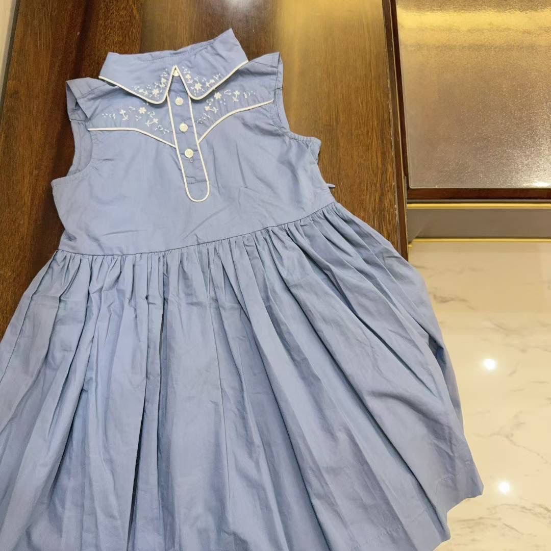 法式童装25夏装新款女大童刺绣花卉无袖连衣裙儿童公主裙赫本风