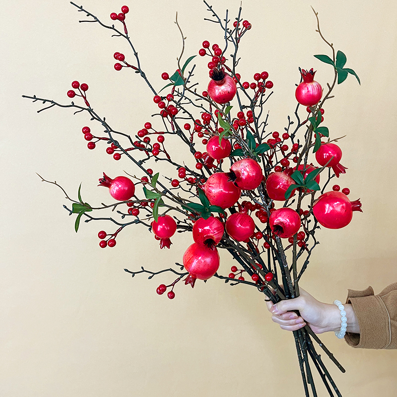 仿真花石榴花假花摆设冬青红果发财果柿子干新年装饰年宵花艺摆件