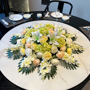 高端酒店大圆桌中间摆件桌插花人造花盒圆形转盘人造花装饰花