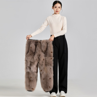 休闲裤 可拆卸裘皮皮草棉裤 子女高腰加绒加厚冬季 狐狸毛皮毛一体裤