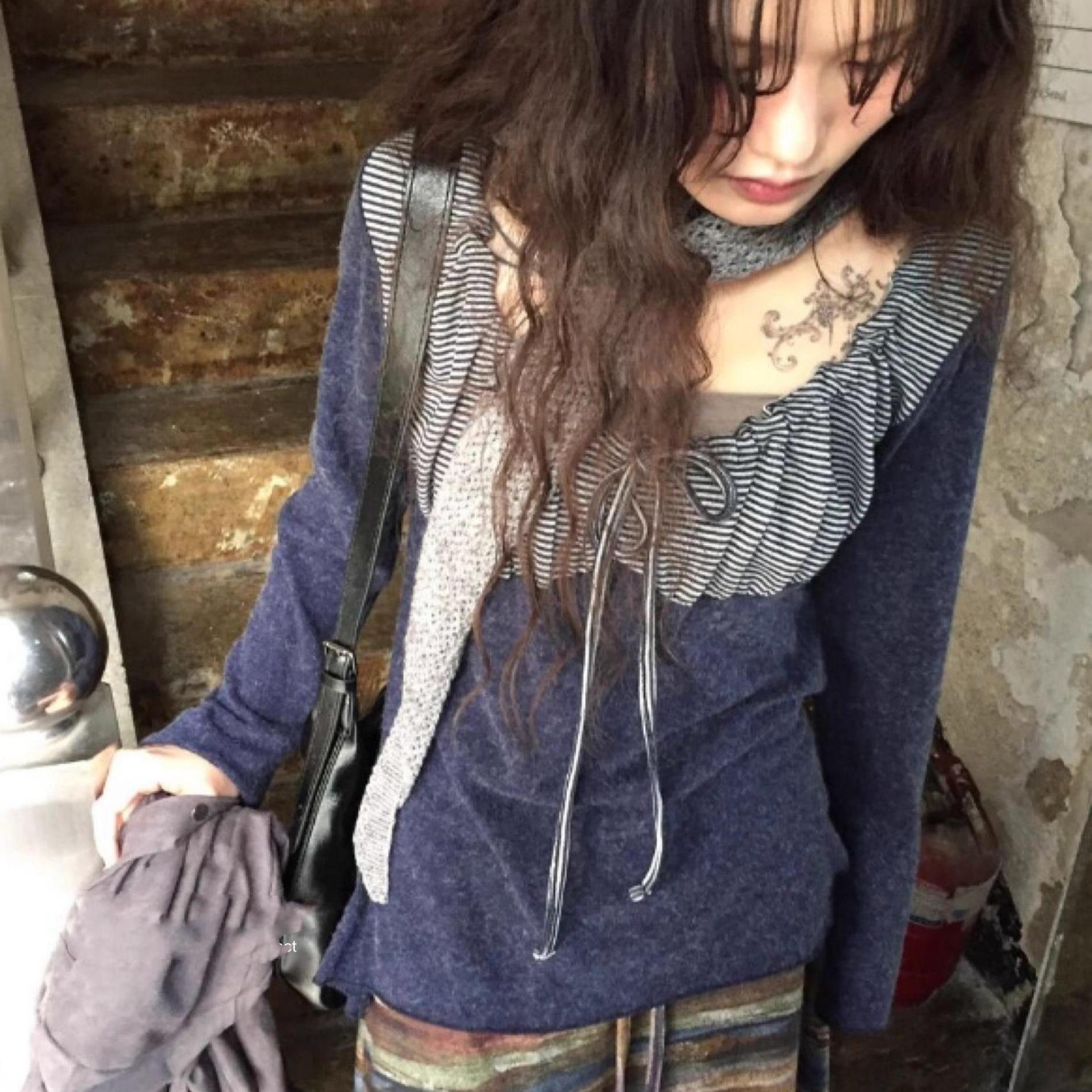 拼接慵懒系带百搭长袖T恤上衣女