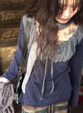 Exclusive type 日系街头复古条纹拼接慵懒系带百搭长袖T恤上衣女