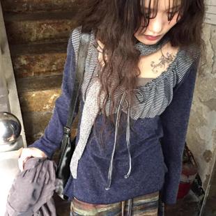 T恤上衣女 日系街头复古条纹拼接慵懒系带百搭长袖 Exclusive type