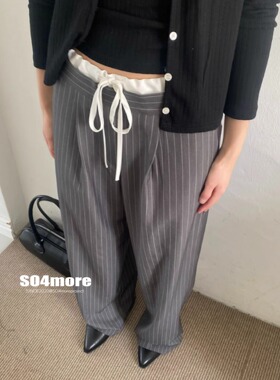 Exclusive type韩国个性设计腰部拼接系带条纹暗纹垂感西装休闲裤