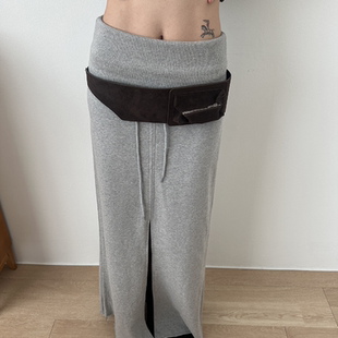 Exclusive 设计前开叉宽腰抽绳系带松紧腰卫裙半身裙 type韩国个性