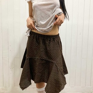 Exclusive 韩国小众设计不规则波点做旧毛边设计拼接半身裙 type
