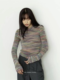 不规则彩线镂空设计修身 韩国个性 短款 长袖 Exclusive 针织衫 type