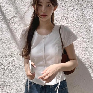 上衣女 Exclusive type 夏季 温柔系甜美蕾丝花边系带收腰短袖 衬衫