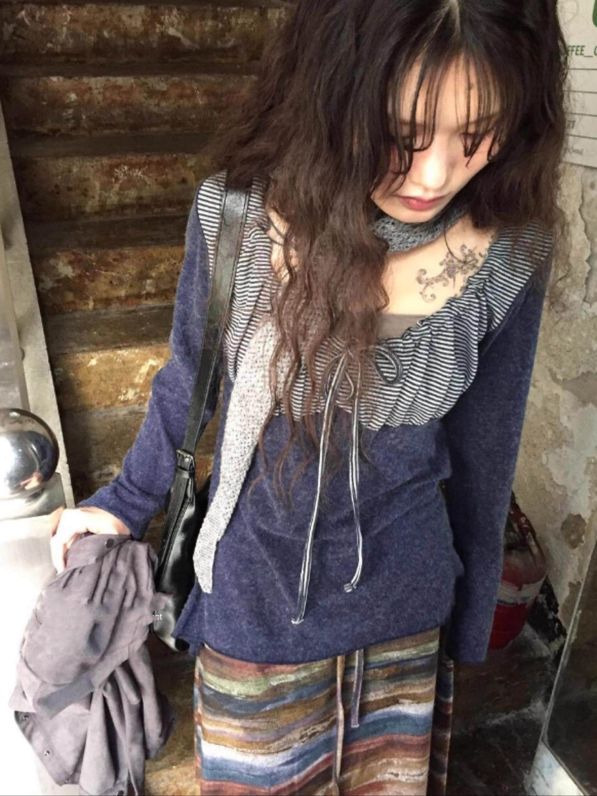 thumbnail for Exclusive typeJapanese streetwear retro stripe panels, slouchy lace-up versatility, long-sleeved T-shirt top, women