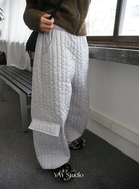 Exclusive type 冬季简约保暖夹棉侧口袋竖纹松紧腰阔腿休闲棉裤