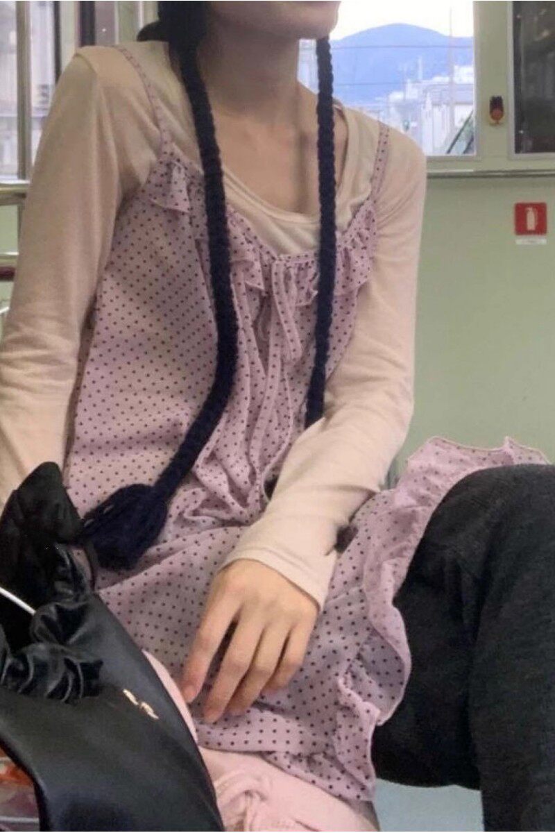 thumbnail for Exclusive type Japanese polka dot layered with old-fashioned mesh lace patchwork camisole dress