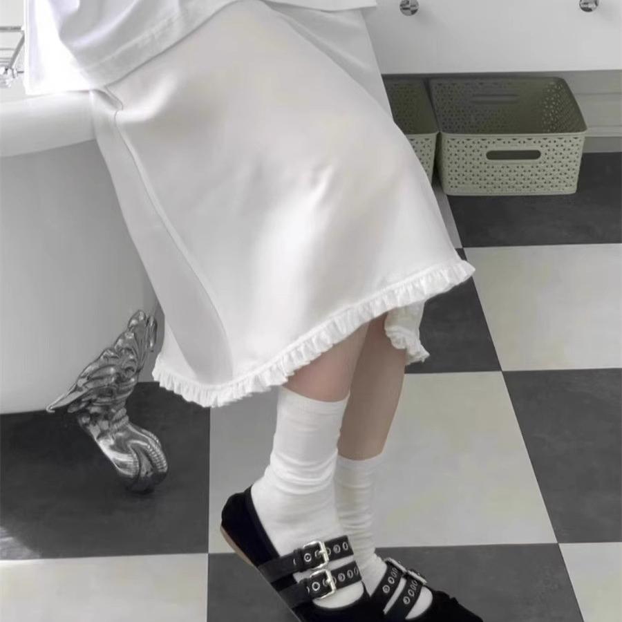 纯色显瘦百搭花边休闲中长半身裙