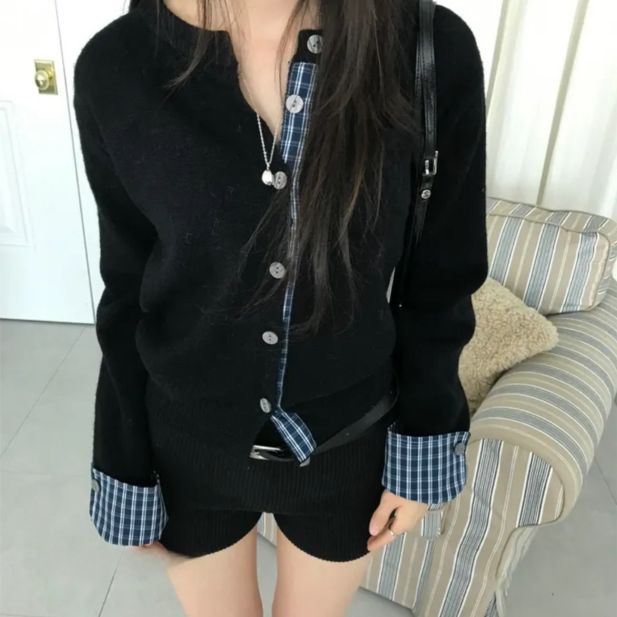 Exclusive type 日系复古清冷拼接格纹设计宽松长袖针织开衫外套