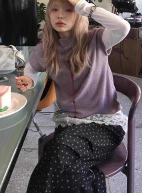 Exclusive type 复古挖空小花绑带半高领休闲显瘦百搭打底短袖T恤