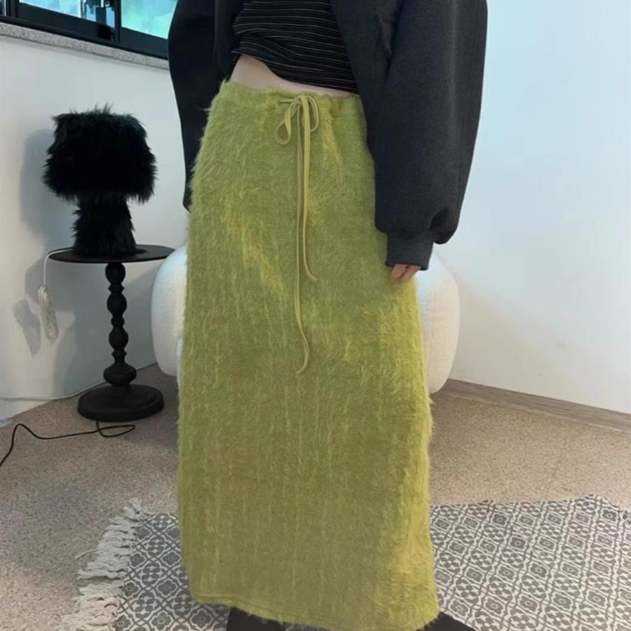 毛绒休闲抽绳高腰半身长裙