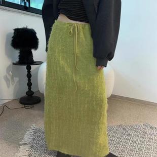 显白绿色毛绒休闲抽绳高腰半身长裙 秋冬简约个性 Exclusive type