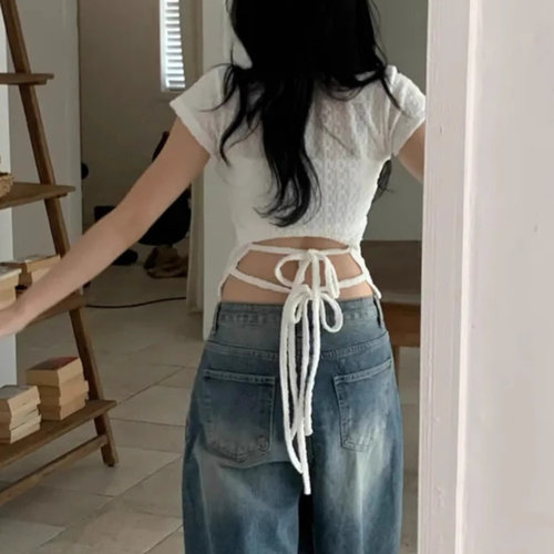 肌理纹理后绑带修身显瘦短袖T