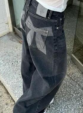 Exclusive type 朴秀荣同款个性后口袋蝴蝶结印花宽松直筒牛仔裤